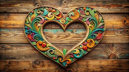 Vibrant heart-shaped frame painted with intricate details and colorful swirls, nestled against a distressed wooden background with natural textures and earthy tones.