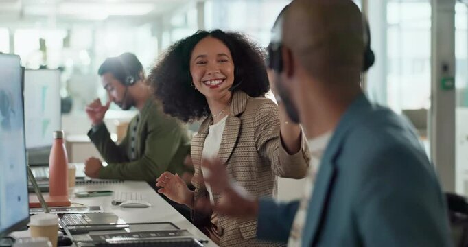 Excited woman, high five and success with call center people in customer service for sale bonus. Support, winner or virtual assistant team in workplace for lead generation goals or target motivation