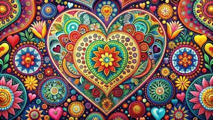 Vibrant heart-shaped pattern fills the background with endless love and affection, featuring intricate designs and bold colors that evoke emotions of romance and warmth.