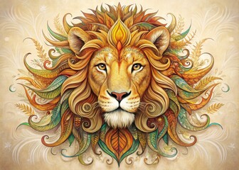 Obraz premium Vibrant illustration of a majestic lion's head, adorned with intricate swirling patterns and warm, textured fur, set against a soft, creamy white background.