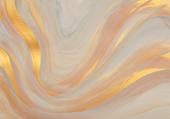 Art Oil and Acrylic wave line brushstroke smear blot painting. Abstract marble texture color stain background. Gold, beige pastel tone.