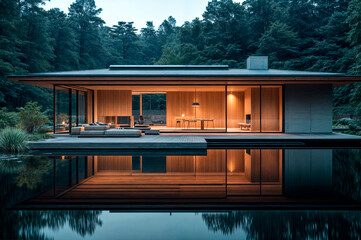 Fototapeta premium Modern minimalist house with large glass windows reflecting on a tranquil pool, surrounded by lush forest.