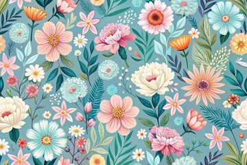 Fototapeta premium Vibrant, intricately illustrated seamless flower pattern in pastel hues, perfect for wrapping paper, fabric design, or digital backgrounds, featuring blooming florals and foliage.