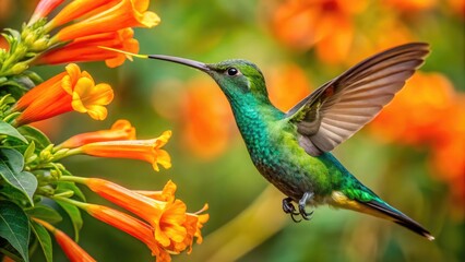 Naklejka premium Vibrant iridescent hummingbird with emerald feathers and long, slender beak sips nectar from a bright orange trumpet-shaped flower in a lush tropical garden setting.