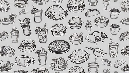 Set of food and drinks doodle on white background.