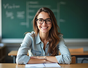 Smiling Teacher Sitting at Desk in Classroom – Positive Learning Environment