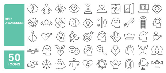 Set of 50 line icons related to self awareness, estimate, mindset, empathy, assertiveness, care, love, acceptance, emotion, Editable stroke. Vector illustration