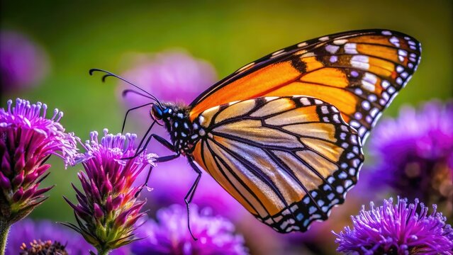 Vibrant orange butterfly sips nectar from a delicate purple flower, its intricate, coiled proboscis unfurled, showcasing nature's remarkable beauty and fascinating details.