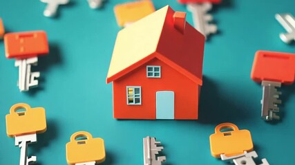A small, colorful house model sits amidst various keys, illustrating the theme of real estate and home ownership, capturing a sense of opportunity and investment.