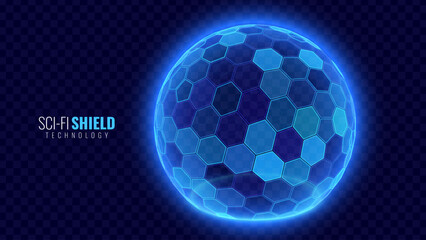 Geometric Dome Shield on a Dark Background. Futuristic Glowing Protection 3D Sphere. Technology Style HUD Design Element. Hexagon Force Field Shield. Vector Illustration. Digital Security Concept. © ec0de