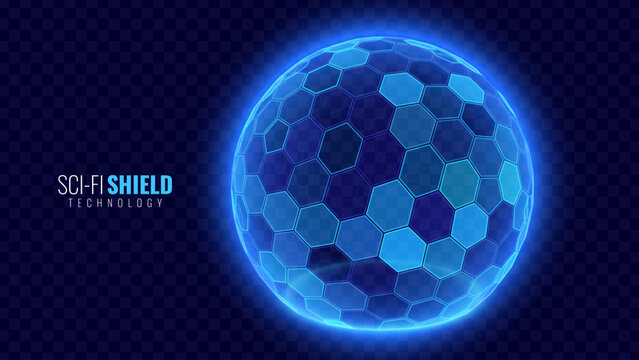 Geometric Dome Shield on a Dark Background. Futuristic Glowing Protection 3D Sphere. Technology Style HUD Design Element. Hexagon Force Field Shield. Vector Illustration. Digital Security Concept.