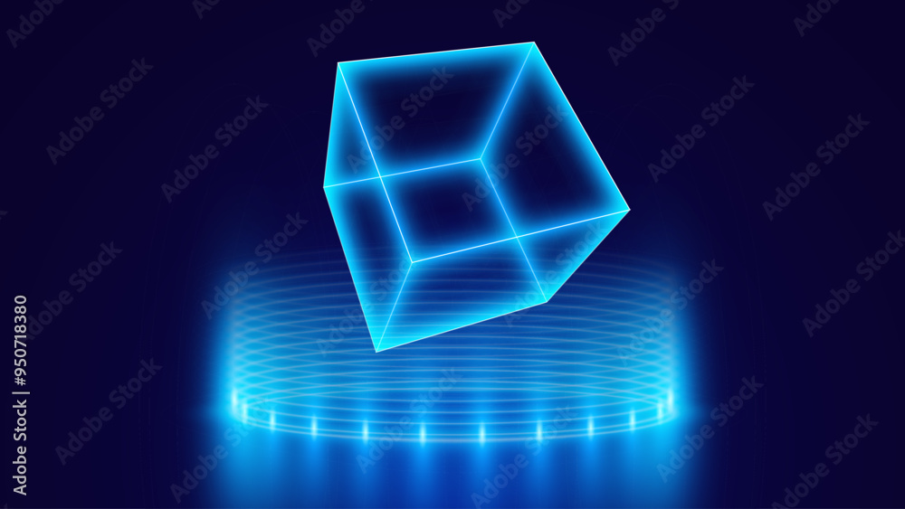 Poster Digital Cyber Cube Hologram. Neon Glowing Cube Floating in Blue Portal. Musical Gaming Tech Background. Vector Illustration.