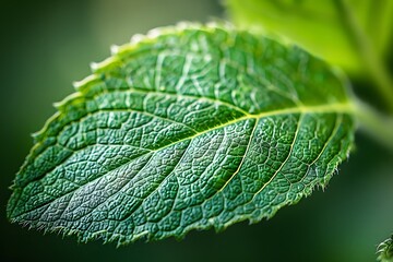 Close-Up of a Vibrant Green Leaf Showcasing Intricate Veins and Texture