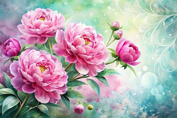 Fototapeta premium Vibrant pink peonies bloom against a soft, watercolor-inspired background with delicate, swirling patterns and subtle textures, creating a stunning floral design element for any project.