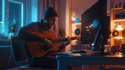 Fototapeta premium Relaxed man playing acoustic guitar in cozy home office studio during evening, surrounded by modern technology and warm lighting
