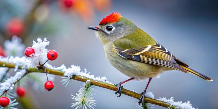 Vibrant ruby-crowned kinglet perches on a frosty winter branch, showcasing its emerald green plumage, white eye ring, and crimson crown against a soft, misty backdrop.