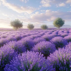 Obraz premium Sunset over a peaceful lavender field with golden light