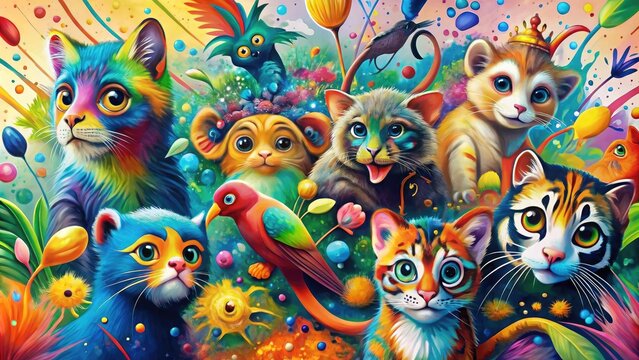 Vibrant vector illustration of whimsical animals, including cats, birds, and monkeys, surrounded by colorful paint splatters and abstract shapes, perfect for creative design projects.