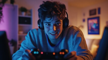 Obraz premium Young man enjoying an immersive gaming experience at home with headphones and controller under vibrant neon lights