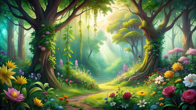 Vibrant whimsical illustration of lush green forest with towering trees, colorful blooming flowers, and swirling vines set against a soft, creamy white background.