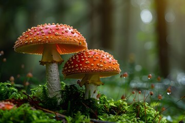 Enchanting Red Mushrooms in a Lush Forest Setting
