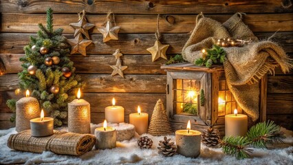 Vintage wooden cabin decorated with distressed burlap, twinkling candles, and rustic handmade ornaments in earthy tones, evoking cozy winter wonderland ambiance.