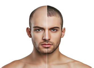 Man showing hair loss and restored hair side by side, cut out