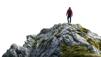 Traveler with backpack reaching the top of a mountain, cut out