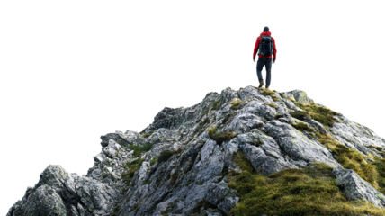 Traveler with backpack reaching the top of a mountain, cut out