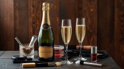 Close up view of bottle and glasses of champagne on tabletop with cosmetics for makeup