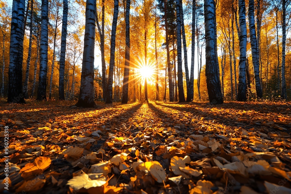 Poster autumn forest bathed in golden sunlight, illustrated in a serene scene where tall trees with colorfu