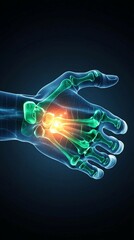hand Pain X-ray. A 3D wrist bone with glowing orange. 
