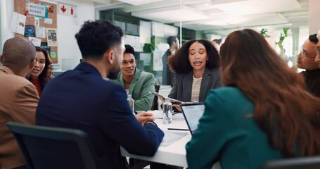 Business people, meeting and technology in office for discussion, collaboration and company development. Staff, diversity and management team talking in workplace for partnership, budget and project - Powered by Adobe