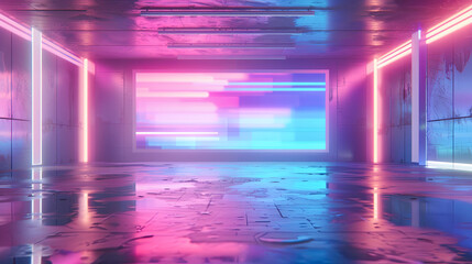 Empty room with neon lights cyberpunk style synthwave futuristic background retro style eighties style ultraviolet light pink and blue color scheme