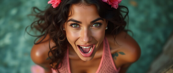 Obraz premium High-angle shot of an exotic woman smiling at the camera. Colorful background.