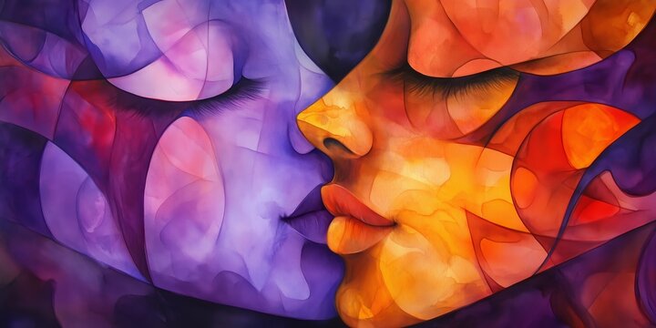 Abstract kissing girls, cubism style art painting