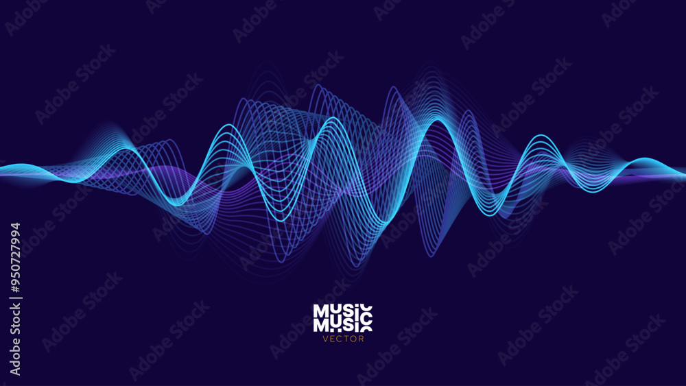 Poster Smooth Flowing Dynamic Sound Wave Blue Technology Background. Abstract Digital EQ Equalizer. Artificial Intelligence AI Assistant Voice Recognition Sound Wave Vector Illustration.