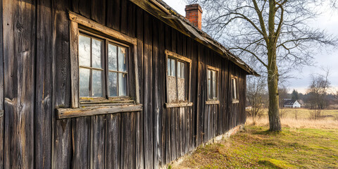 An old dilapidated wooden abandoned house in the countryside. Old housing