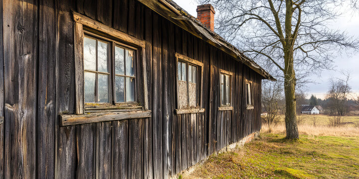 An old dilapidated wooden abandoned house in the countryside. Old housing