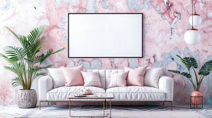 Horizontal frame mockup white sofa pink pillows cushions tropical houseplants empty wall distressed pink wall interior design living room