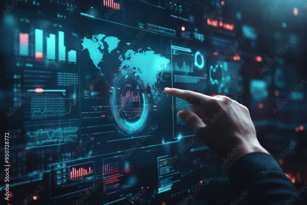 Poster hand reaching towards a futuristic holographic interface with world map and data analytics visualiza