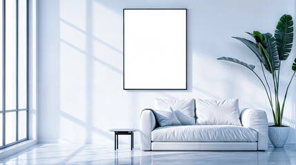 Modern minimal living room interior with white sofa mockup frame plant in pot and decor on white wall background