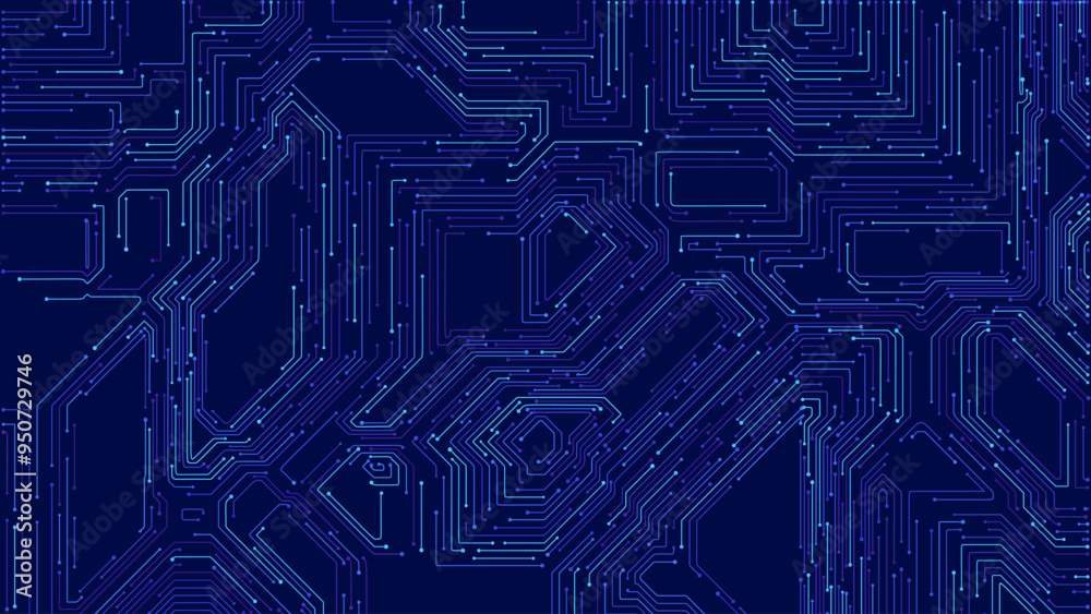 Poster Blue Digital Circuit Trace Lines Technology Background. Abstract Digital Tech Bg. Electronics and Computer Technology Concept. Chip And Circuit Board. Vector Illustration. Chip Connectors.