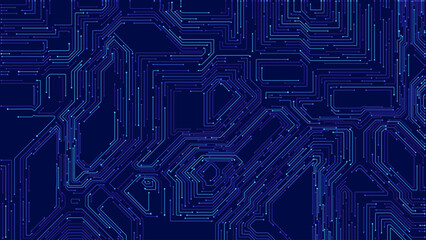 Blue Digital Circuit Trace Lines Technology Background. Abstract Digital Tech Bg. Electronics and Computer Technology Concept. Chip And Circuit Board. Vector Illustration. Chip Connectors.