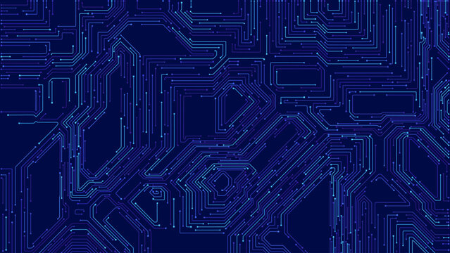 Blue Digital Circuit Trace Lines Technology Background. Abstract Digital Tech Bg. Electronics and Computer Technology Concept. Chip And Circuit Board. Vector Illustration. Chip Connectors.