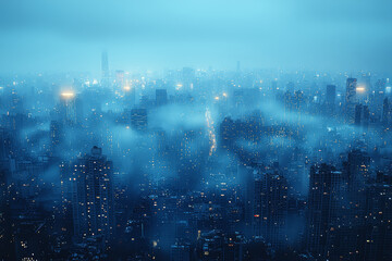 Obraz premium A dense fog enveloping a cityscape, symbolizing the increase in atmospheric pollutants and visibility reduction. Concept of air pollution and urban environment.