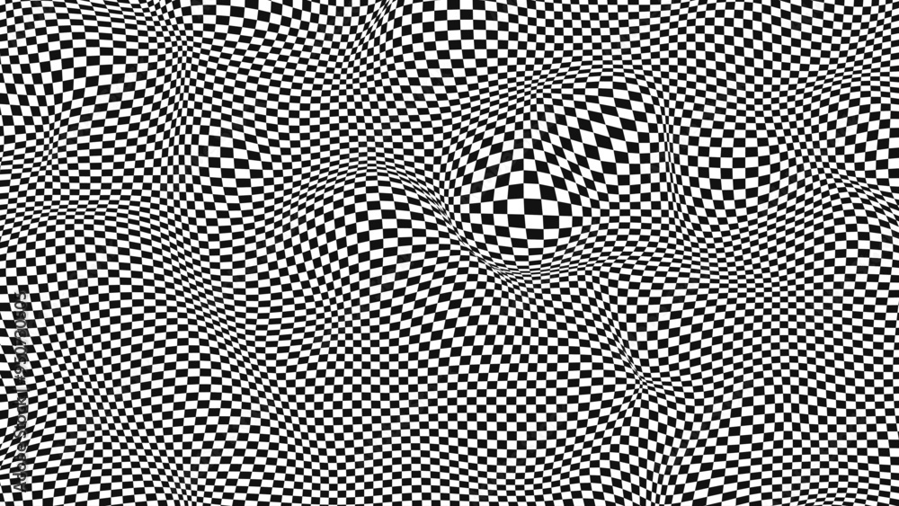 Poster Waved Checkered Pattern Background Y2k Style. Warped Texture With Black And White Squares. Warped Chessboard. Race Flag. Textile Plaid. Vector Illustration.