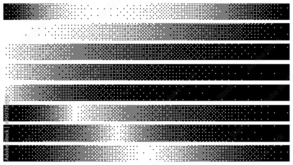 Poster Abstract Y2K Pixel Gradation Dithering Halftone Fade Gradation Effect Graphic Design Elements Set. Bitmap Raster Dithering Transition Effect. Bold Brutalist Design. Vector Illustration.