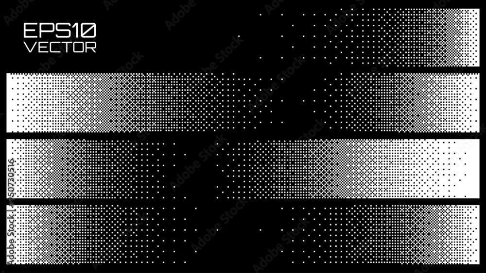 Poster Abstract Y2K Pixel Gradation Dithering Halftone Fade Gradation Effect Graphic Design Elements Set. Bitmap Raster Dithering Transition Effect. Bold Brutalist Design. Vector Illustration.