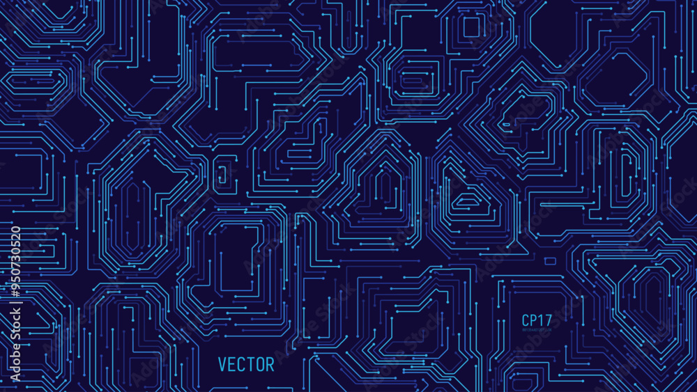 Aufkleber Blue Digital Circuit Trace Lines Technology Background. Abstract Digital Tech Bg. Electronics and Computer Technology Concept. Chip And Circuit Board. Vector Illustration. Chip Connectors.